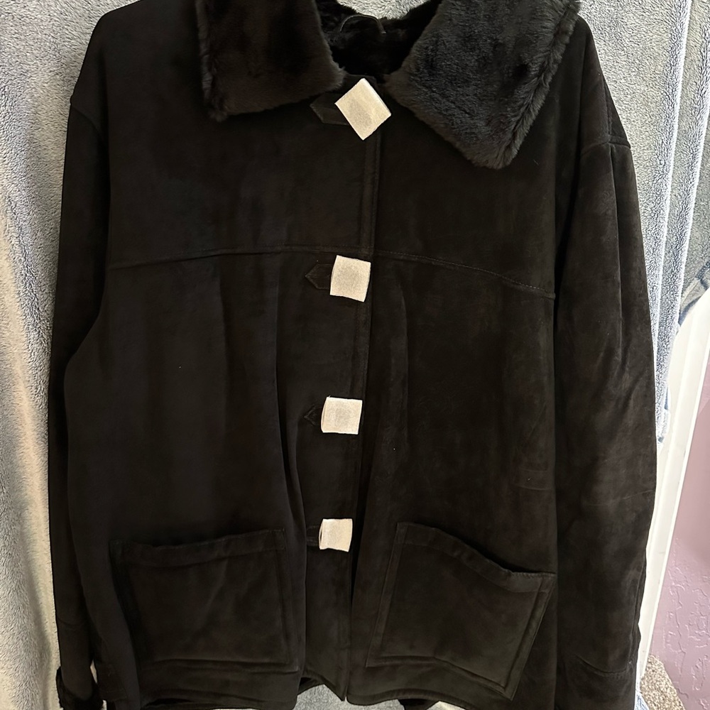 Dennis Basso Black Leather Teddy Jacket with Faux-fur lining